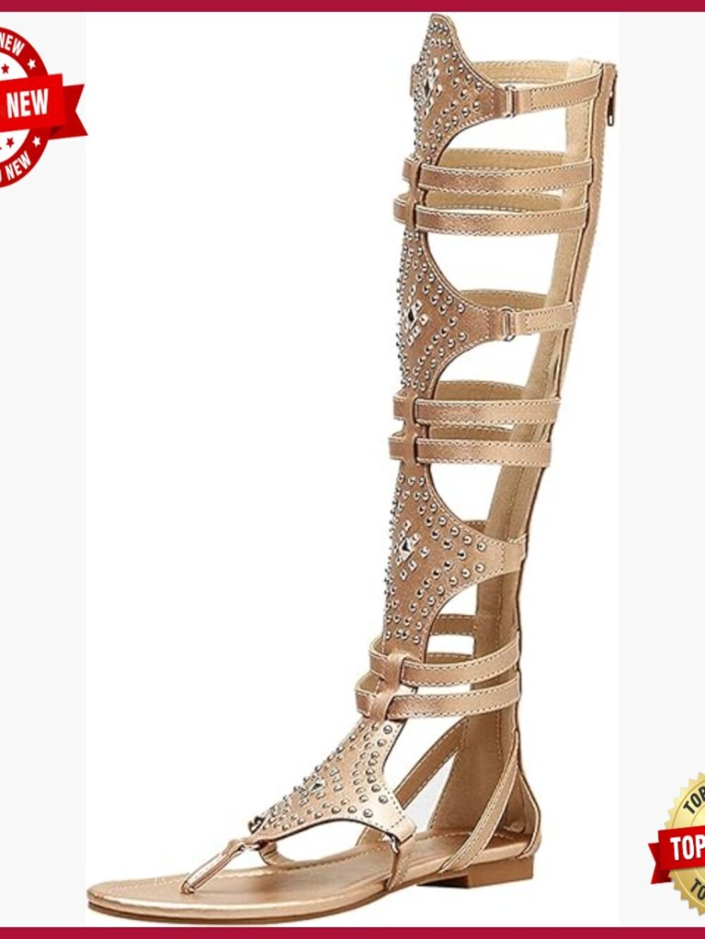 Knee High Gladiator Sandals with Rivets Studded Straps and Back Zipper